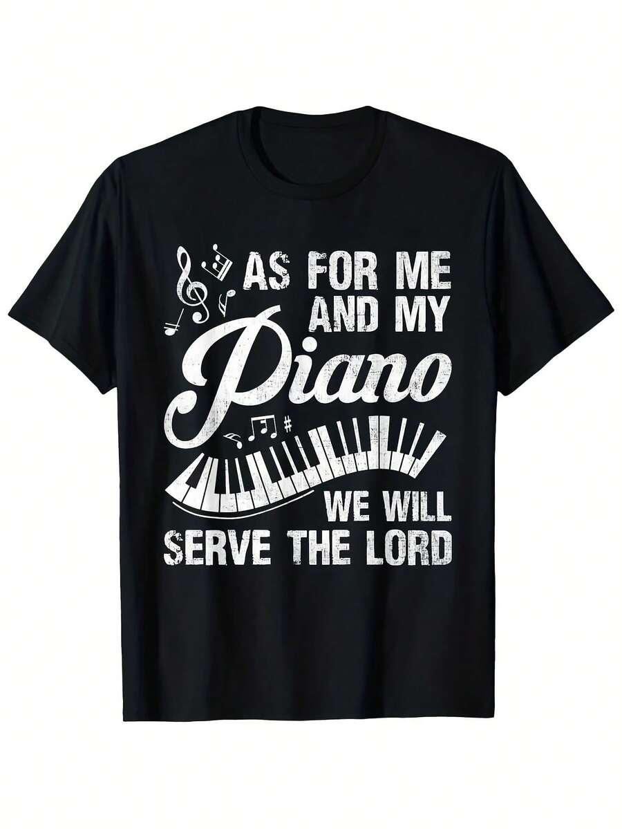 Camiseta de pianista para hombre con estampado "En cuanto a mí y mi piano, serviremos al Señor", camiseta negra de algodón con cuello redondo. - Negro 12 - Ver 1