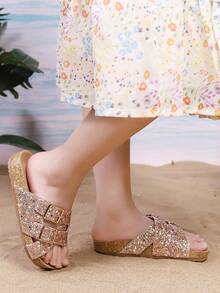 1 Pasang Sandal Anak Perempuan Sol Tebal Anti Selip dari Gabus Lembut, Lembut & Nyaman, Desain Payet & Rhinestone yang Modis, Cocok untuk Usia 3-15 Tahun, Aktivitas Luar Ruangan, Pantai - Emas - View 4