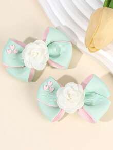 2pcs Green Bow Hair Clips, Suitable For Girls, Pink Tulle Rose & Mini Heart Decor Hair Clips, Satin Ribbon Alligator Clips, Teens Hair Accessories - Green - View 7