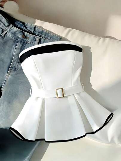 Vestido elegante de tubo sin mangas de color contrastante estilo minimalista francés, falda evasé con cintura ceñida, moda para primavera/verano