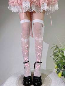 1双洛丽塔风格蝴蝶提花图案过膝袜，轻盈甜美，适合女孩 - 彩色 - 查看 12