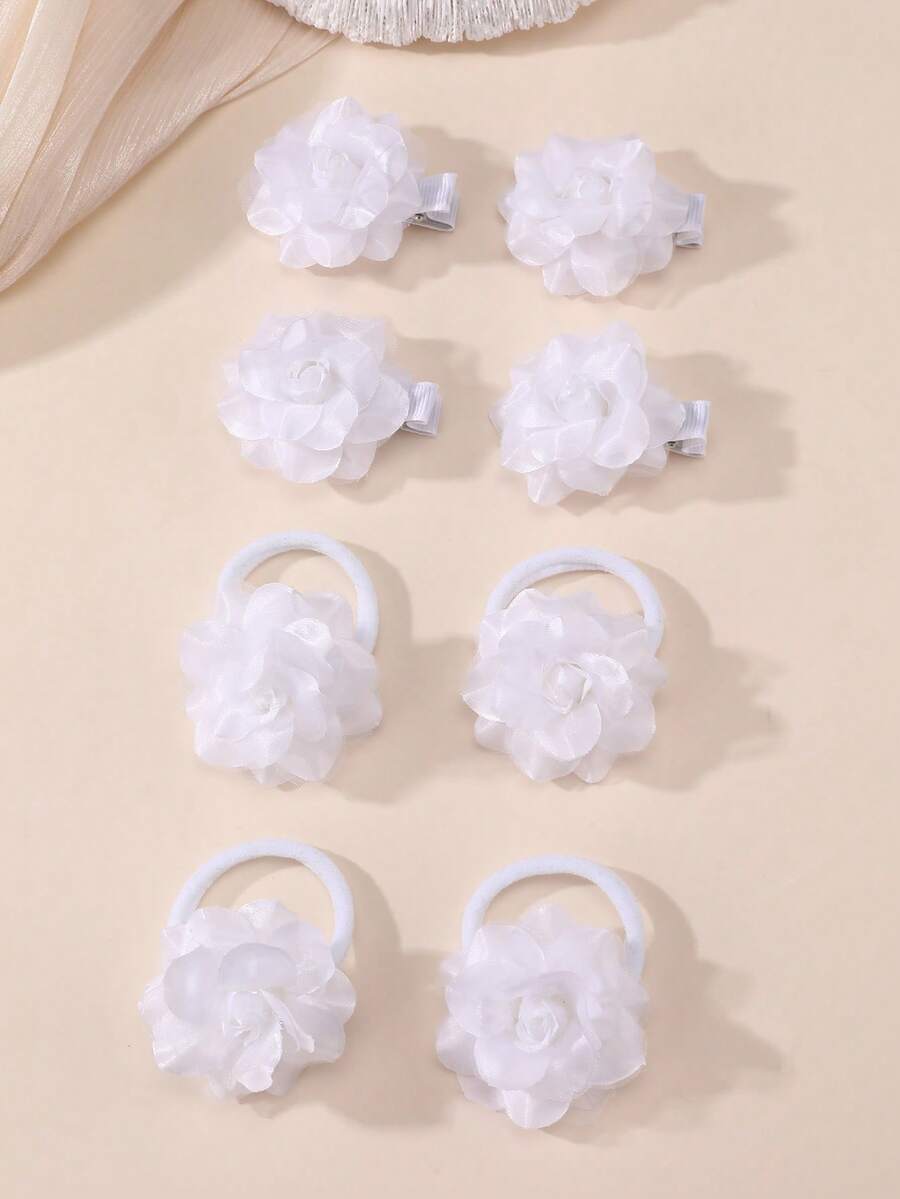 4 pezzi/8 pezzi Set di elastici per capelli, fermagli e accessori per capelli a fiore bianco per ragazze, adatti per decorazione quotidiana e per la stagione dei matrimoni - Bianco - Visualizzare 1