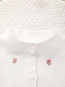 Girls' Knitted Round Neck Handmade Floral Embroidery Cardigan - White - View 2