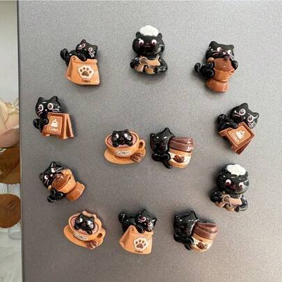 10/6个可爱黑猫咖啡3D树脂冰箱贴，萌趣厨房冰箱贴纸，时尚树脂家居装饰，适用于家庭、办公室、白板、储物柜、洗碗机、母亲节、派对礼物