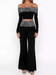 LOVE JOYY 女士豹纹时尚两件套：露肩长袖短款上衣和高腰喇叭裤，完美打造 Y2K 街头风 - 黑色 - 查看 11