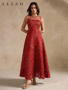 Aliao 优雅蕾丝拼接碎花薄纱玫瑰刺绣无袖连衣裙，端庄大方，适合婚礼季、情人节、白色派对、复古贵族风、宫廷风等场合，吸睛百搭，日常优雅，新年必备，夏季连衣裙，派对礼服，红色连衣裙 - 酒紅色 - 查看 5