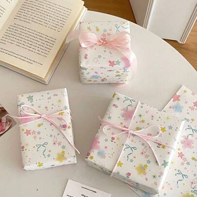 50pcs Colorful Star & Bow Pattern Gift Wrapping Paper, Large Size Holiday Decor Packaging Paper, Premium Handmade DIY Wrapping Paper And Bouquet Wrapping Paper, Suitable For Holidays, Celebrations, Parties, Weddings, Birthdays, Gifts And Party Decoration Packaging Needs.