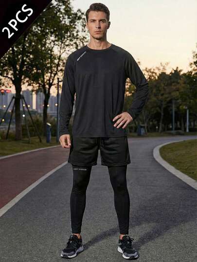 Bộ đồ chạy bộ nam 2 món, gồm áo thun dài tay và quần bó 2 trong 1, thích hợp cho phòng tập và tập luyện ngoài trời.