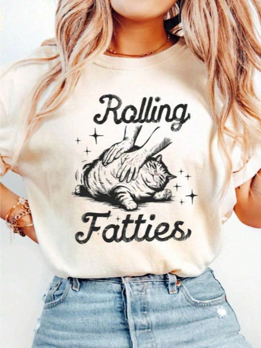 Rolling Fatties Cat T-Shirt,Cat Graphic Shirt,Cat Lovers Gift, Lover Shirt, Unhinged Shirt,Funny Shirts For Women Unisex - 白色 - 查看 1