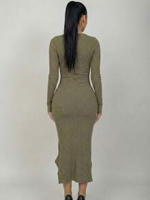 Sleek Women's Rib Knit Long Sleeve Maxi Dress Ruched Lettuce Trim Round Neck Asymmetrical Hem Bodycon Style - Olive - View 3