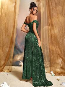 CHOSMO 新款纯色闪亮优雅亮片露背女装，适合婚礼、派对、生日、周年纪念、毕业典礼、音乐节、节日鸡尾酒会、正式晚宴、拍照、舞会、舞台表演和音乐会等场合，春季第四季度 - 墨綠色 - 查看 5