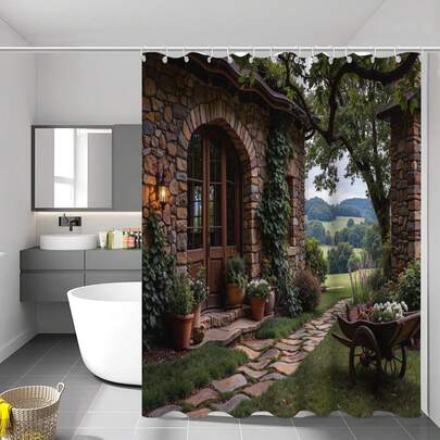 1pc Retro Countryside View Shower Curtain, Natural View Shower Curtain, Suitable For Various Room Decoration Partitions, Bathroom Accessories Bathtub Curtain, Shower Curtain