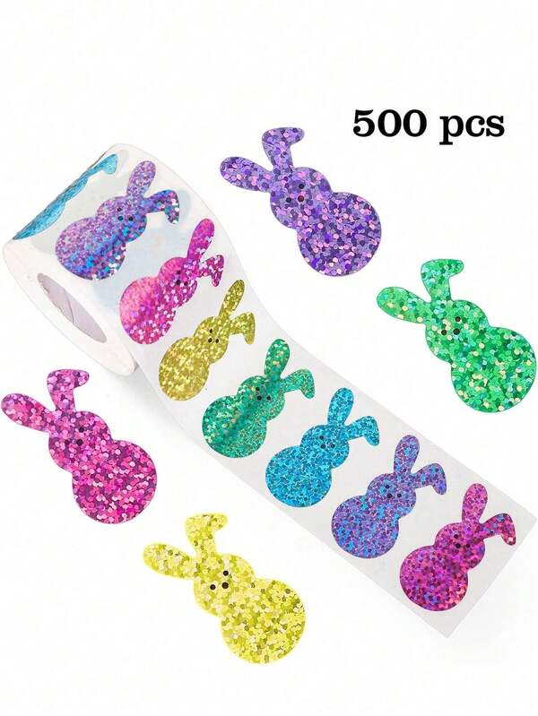 500pcs/Roll Rainbow Easter Bunny Doodle Stickers, Large 3.8cm Size, 5/6 Color Options, Glitter Easter Bunny Gift Wrapping, Envelopes, Magazines, Phone Cases, DIY Crafts, Office Decor, PVC Material Stickers