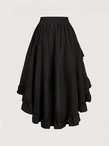 Falda midi negra de estilo gótico con volantes asimétricos, cintura elástica y vuelo, ideal para festivales de música, exhibiciones y salidas de verano, versátil y de línea A, para primavera - Negro - Ver 2