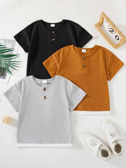 3pcs/Set Boys' Casual Solid Color Button Design Drop Shoulder Short Sleeve T-Shirts, Spring/Summer