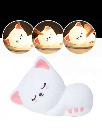 1pc Cute Sleeping Cat Warm Light USB Rechargeable Silicone Clap Lamp, Children's Eye-Caring Feeding Lamp, Atmosphere Desk Decor Light, Suitable For Bedroom, Office, Birthday Gift