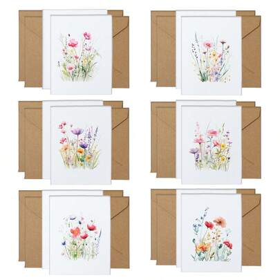 24pcs/12sets Floral Greeting Card Set, 6 Different Designs, Birthday Party Cards, Holiday Celebration Good Luck Cards, Graduation Blessing Cards, Suitable For Various Occasions, Can Be Used As Thank You Cards, Greeting Cards, Sympathy Cards, Office Supplies, Holiday Decorations And Gift Tags, Party Favors, Includes 12 Cards And 12 Envelopes.
