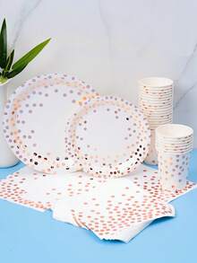 Rose Gold Polka Dot Disposable Plates, Napkins, Cups - 8 Guest Set, Disposable Paper Plates Party Supplies Suitable For Birthday, Wedding, Theme Party, Family Picnic - Multicolor - View 3