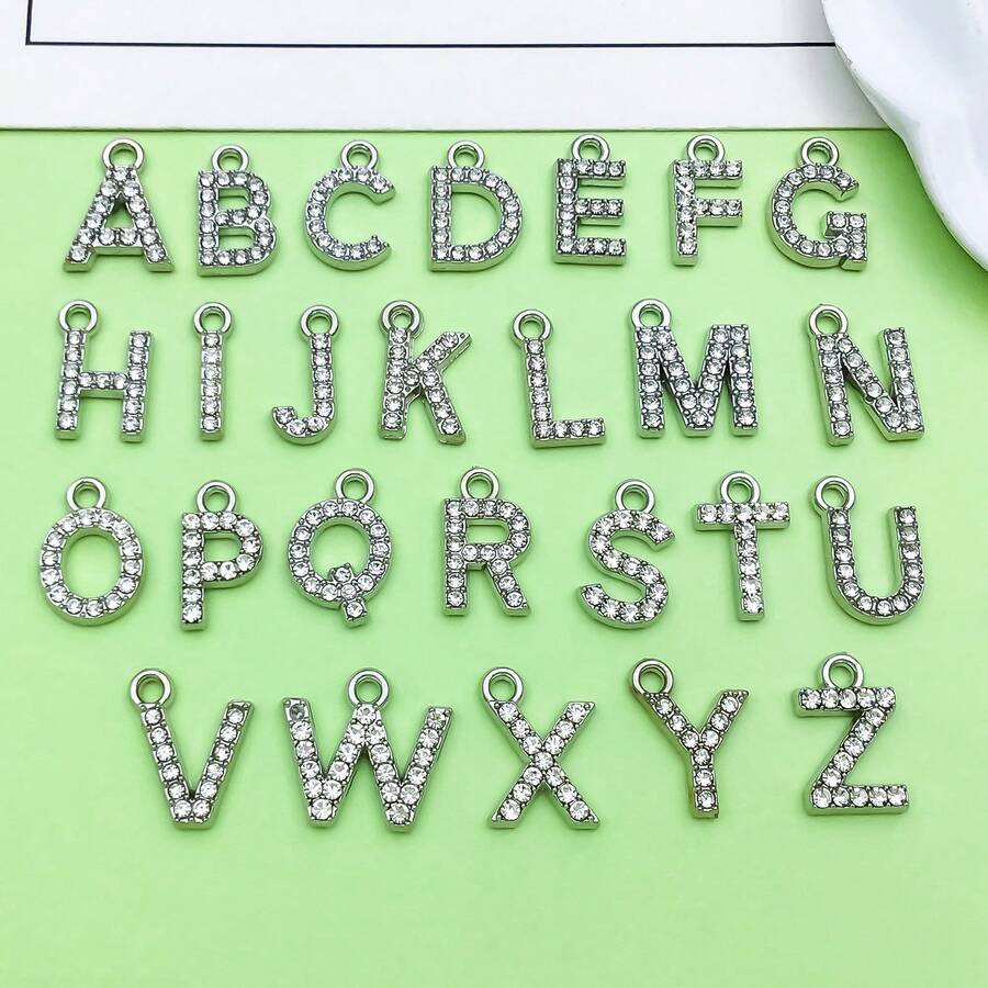 10/26pcs Rhinestones A-Z Alphabet Letter Charms Glitter Crystal Letter Beads For DIY Bracelet Necklace Earrings Choker Craft - Silver - View 1