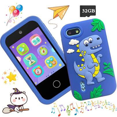 2.8英寸高清触摸屏双摄像头32GB儿童智能手机玩具，600mAh长续航电池，支持12种语言，包含益智游戏和卡通硅胶保护套，是送给幼儿的最佳礼物。