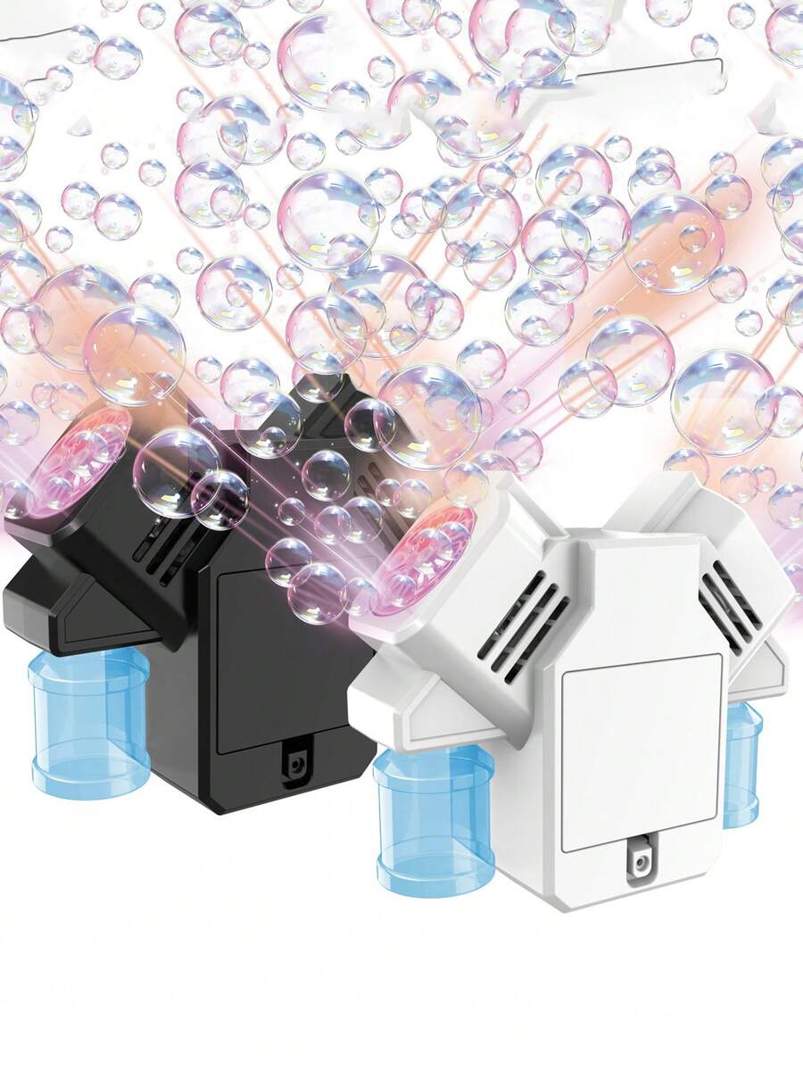 Máy tạo bong bóng tự động hai đầu cho trẻ em - Tạo nhiều bong bóng cùng lúc - Có đèn chiếu sáng - Đồ chơi ngoài trời, đồ chơi nước - Dễ mang theo - Màu đen trắng tối giản (Không bao gồm pin và dung dịch tạo bong bóng)
