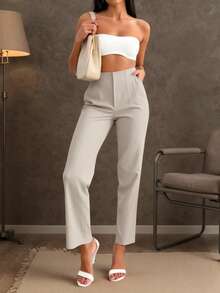 Elegant Office Lady Pleated Side Pocket Slim-Fit Pants For Women - 杏色 - 查看 1