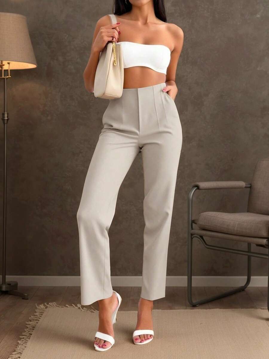 Elegant Office Lady Pleated Side Pocket Slim-Fit Pants For Women - 杏色 - 查看 1