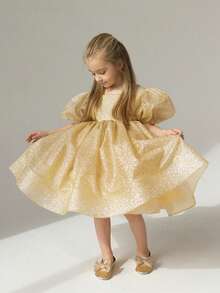 香槟色亮片泡泡袖蝴蝶结露背深V连衣裙，公主裙，适合儿童生日礼物、派对、舞会、婚礼花童、节日庆典等场合。 - 金色 - 查看 5