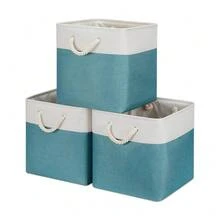 Fabric Baskets For Closets Shelves Lined Set Of 3 Large Square Collapsible Storage Bins For Organizing 13 X 13 Cube Storage Bins For Pantry Organization Storage(Teal Blue) - White & Teal - View 1