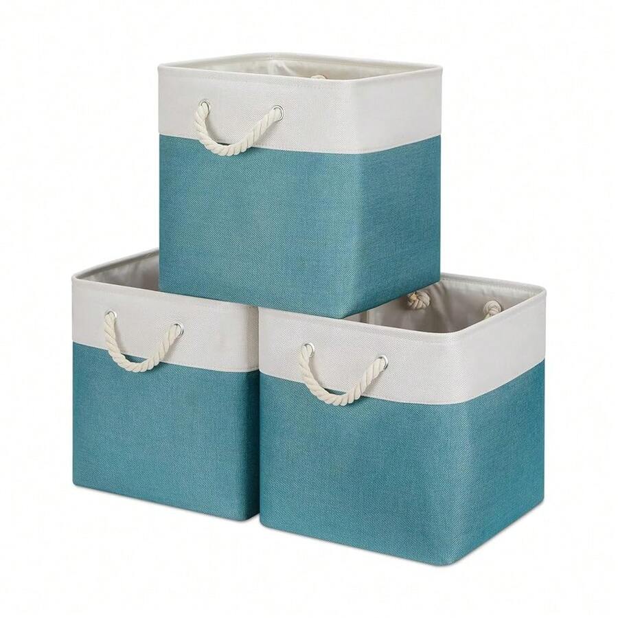 Fabric Baskets For Closets Shelves Lined Set Of 3 Large Square Collapsible Storage Bins For Organizing 13 X 13 Cube Storage Bins For Pantry Organization Storage(Teal Blue) - White & Teal - View 1