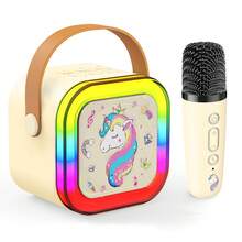ODAPTO Máquina de karaoke para niños con 2 micrófonos, altavoz Bluetooth inalámbrico, diseño de unicornio, adecuado como regalo de cumpleaños para niñas de 6 a 12 años, micrófono de juguete para niños - Beige - Ver 12
