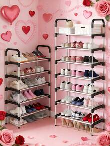 Caja de Almacenamiento Multifuncional para Zapatos de Acero Inoxidable de 4/5/6/7 Capas en Negro y Rosa - Estante de Zapatos con Manijas - Solución de Almacenamiento en el Hogar, Ahorro de Espacio, Rack Decorativo Ajustable para Dormitorio, Cocina, Baño, Alquiler, Entrada, Porche, Armario y Pasillo - Negro - Ver 2