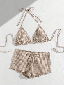 wohenmeili 格子印花挂脖扭结比基尼套装，波西米亚风图案高弹比基尼，女士系带三角泳衣上装和侧系带褶皱丁字裤，沙滩装，特制格子面料女士泳装 - 淺棕白格 - 查看 2