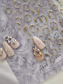 1套5D金属美甲贴纸，不对称圆形水滴丝带，心形文字，美甲贴纸DIY美甲时尚配饰 - 金色 - 查看 1