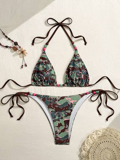 Women's Swimsuit Set, Featuring Backless Crop Top With Geometric Pattern And Tie-Back Design, Paired With Triangle Bikini Bottom, Suitable For Beach Vacation