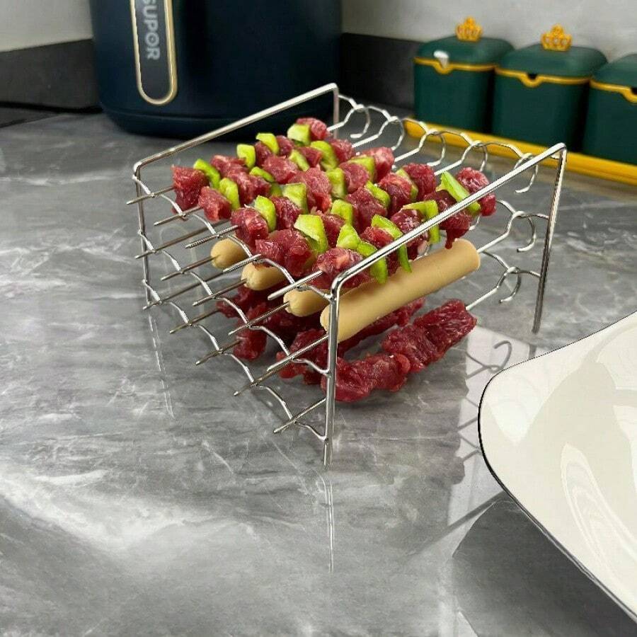1 件装不锈钢三层迷你烤箱架 - 空气炸锅配件，可作烘焙架、圆形烤架、鱼架、面包架、蒸架、油炸工具 - 烤架1件+烤簽15支 - 查看 1
