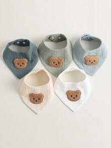 5pcs/Set Muslim Cotton Baby Bibs, Soft Absorbent Pure Cotton Bear Pattern Breathable Triangle Burp Cloths - Multicolor 01 - View 5