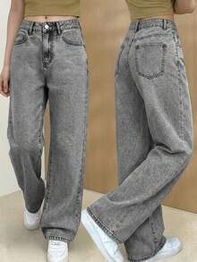Women's Straight Leg Loose Casual Jeans - Grey - View 1