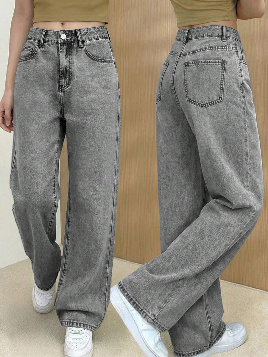 Women's Straight Leg Loose Casual Jeans - Grey - View 1