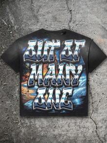 Skeleton Jet Skier, Tropical City Background, Water Splash Effect, American Street, Cyberpunk, Gothic Font Print T-Shirt,  Boy's Summer Round Neck Short Sleeved Casual T-Shirt - 黑色 - 查看 3