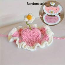 Knitted Pet Hat, Elegant Crochet Cat Hat With Rabbit Ear Ruffled Floral Decor, Suitable For Small/Medium Cats, Soft & Easy To Wear, Great For Birthday, Holiday, Travel, Photo Shoot, Adorable Pet Accessory - Multicolor - View 2