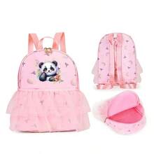 Fun Panda Printed Mini Backpack With Lace Details And Zipper Closure, Adjustable Shoulder Strap, Suitable For Leisure Outing, Travel, Camping, Dance Classes, And Daily Use, Perfect Holiday Gift Choice - Pink - View 3