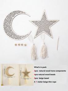 1pc Moon Phase Wall Decor, Moon, Star & Lantern Shaped Hanging Ornament With Tassels, Wooden Boho Style Wall Art, Boho Home Decor, Suitable For Living Room & Bedroom, Mysterious & Minimalist Wall Hanging, Home & Party Decoration, Holiday Decor - Multicolor - View 16