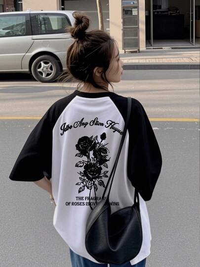 女士休闲撞色圆领卡通字母花卉印花短袖T恤，春夏款