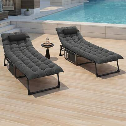 Reclining Sun Lounger With Cushion 190x68x31cm Folding Sun Bed 5 Position Adjustable, Sunloungers With Removable Headrest & Side Pocket Load Capacity 300lbs For Garden, Beach, Camping, Black