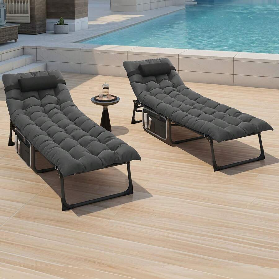 Yitahome Adjustable Sun Lounger With Cushion, 190 X 68 X 31 Cm, Foldable, 5-Position Adjustable, With Removable Headrest And Side Pocket, Load Capacity 136 Kg, For Garden, Beach And Camping, Black - 黑色 - 查看 1
