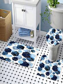 4pcs Blue Bathroom Set, Geometric Pattern Shower Curtain Set, Modern Art Style Shower Curtain With 12 Hooks, Bathroom Rug, Bathroom Non-Slip Mat And Toilet Mat - A - View 7