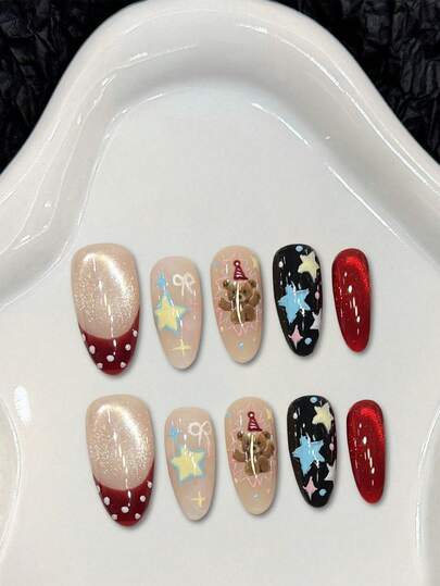 10个可重复使用的法式美甲贴，小熊流星美甲饰品，女士款