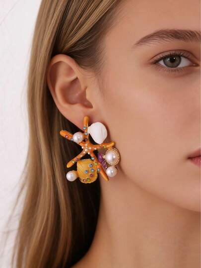 1 Pair Vacation Style Luxury Faux Pearl Colorful Rhinestone Starfish & Shell Earrings For Women, Random Color