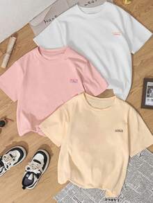 3 Stücke/Set Sommer Neue Einfache Landschafts Grafik Muster Kombination Lässiges Rundhals Kurzarm T-Shirt, Modische & Vielseitige Damen Tops - Weiß, Rosa und Aprikose - Übersicht 2